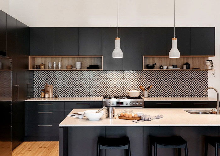 black kitchen geometric tiles backsplash