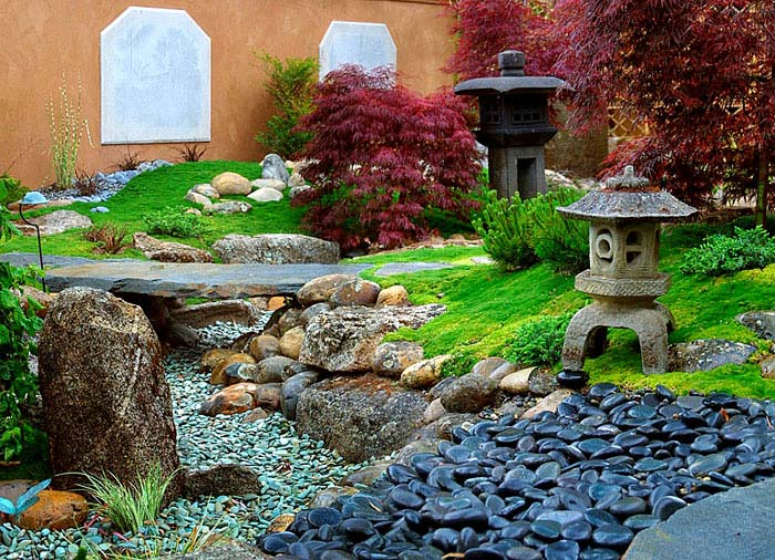 rocks stone lantern red maple asian landscape